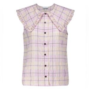 Ganni Purple Gingham Sleeveless Bib Collar Blouse